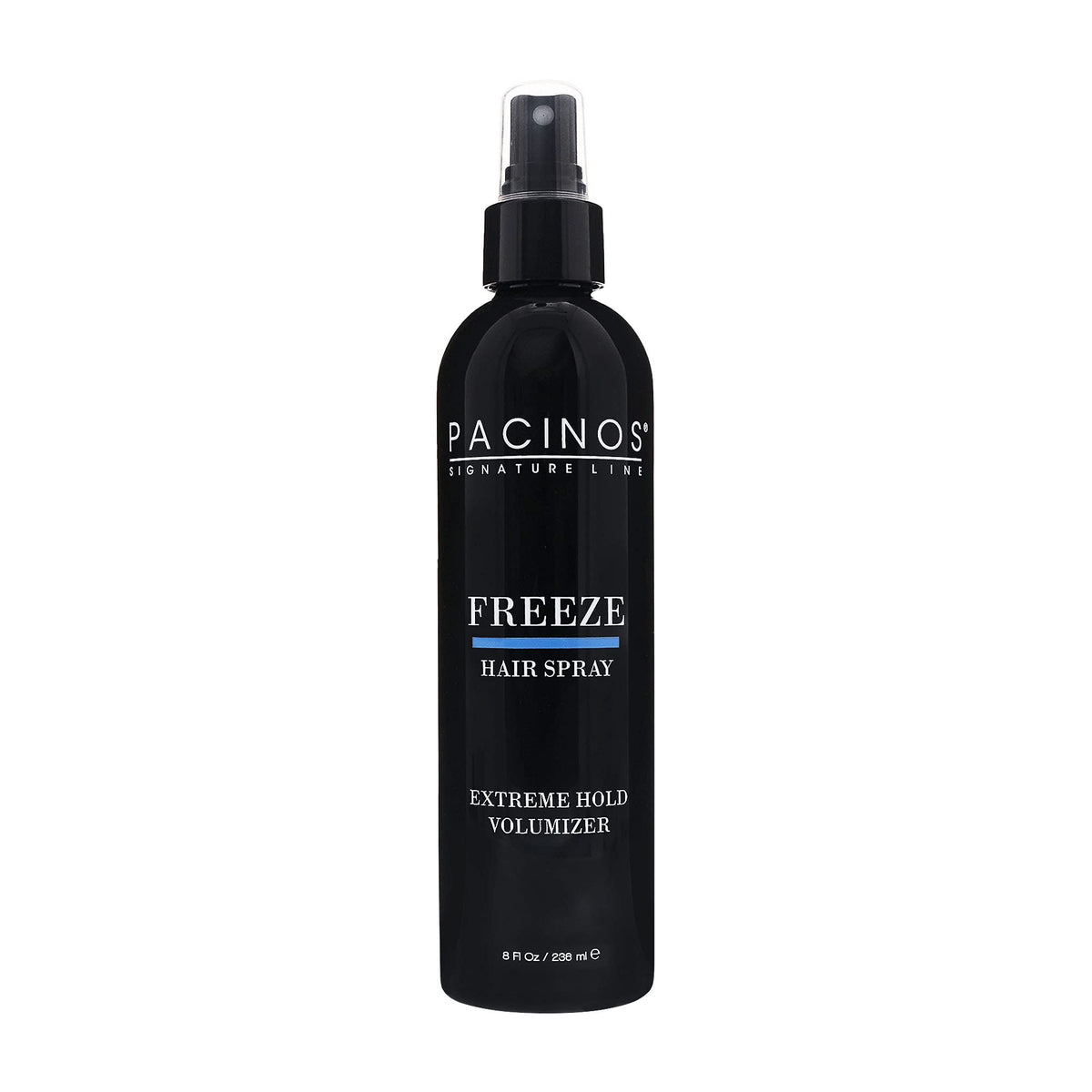 Pacinos Freeze Hair Spray bottle closeup shows premium hold for all-day style