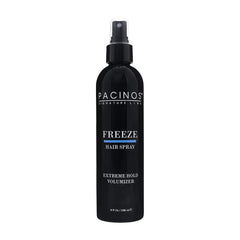 Pacinos Freeze Hair Spray bottle closeup shows premium hold for all-day style