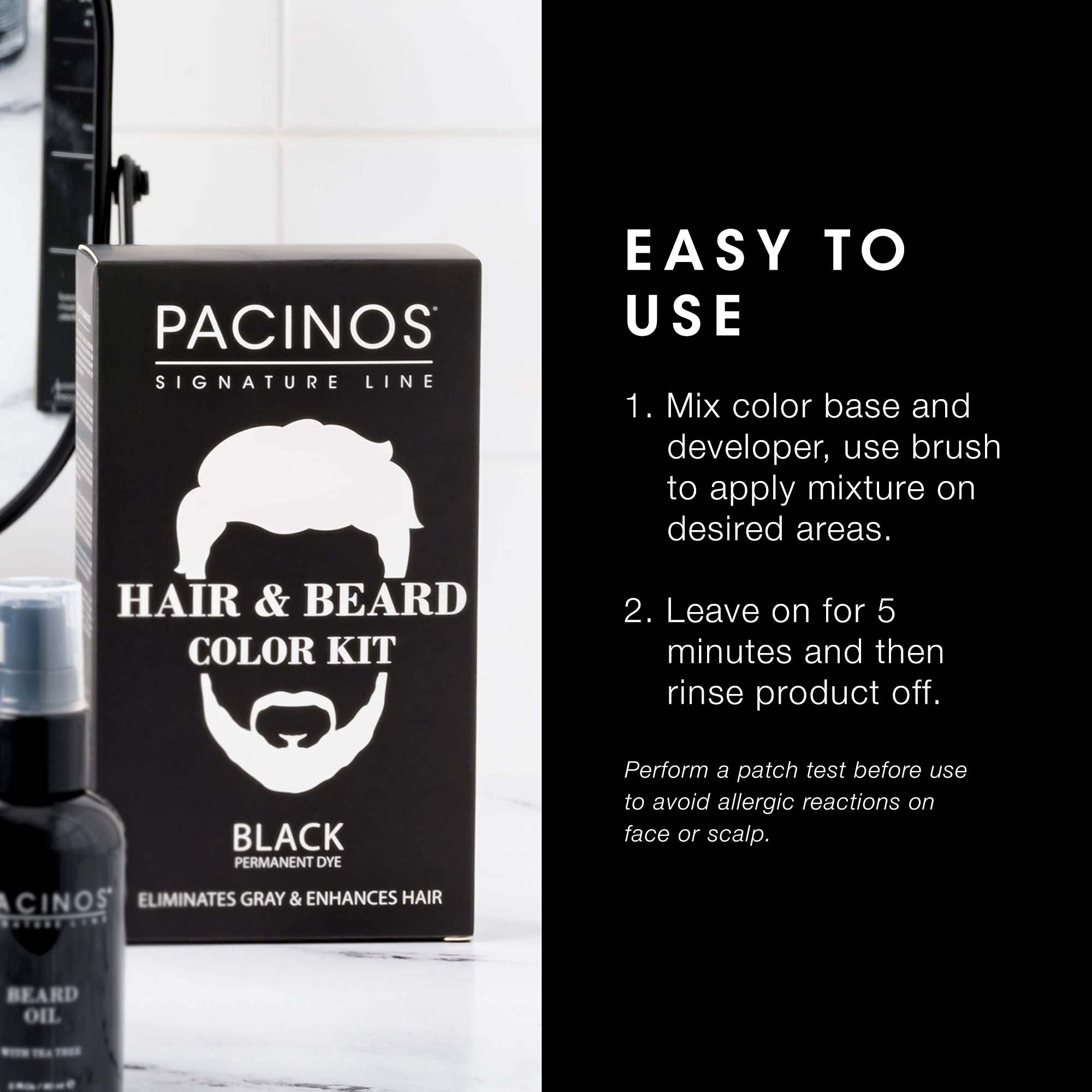 Pacinos hair-application-brush delivers even coverage on sideburns and temples.