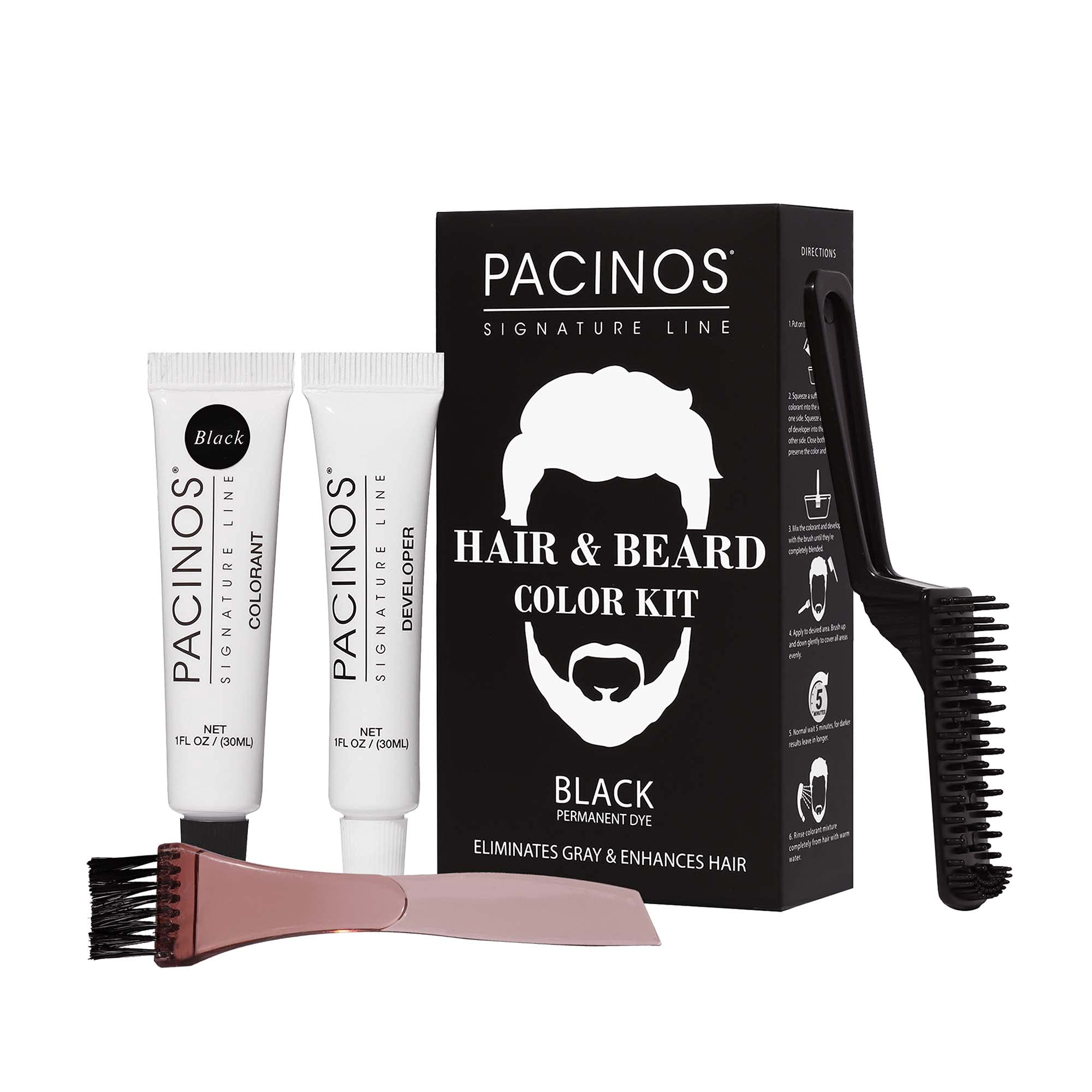 Pacinos Hair & Beard Color Kit black-tube shows quick gray coverage for facial hair.