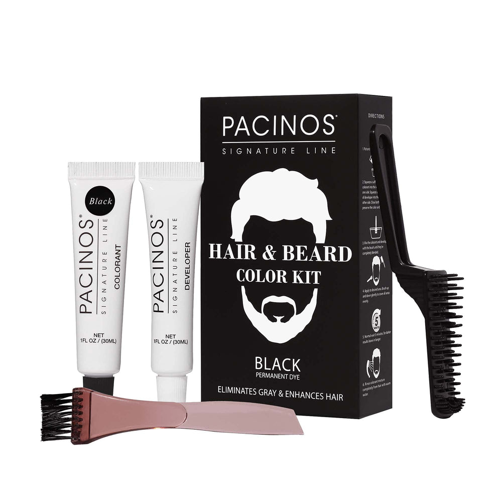 Pacinos Hair & Beard Color Kit black-tube shows quick gray coverage for facial hair.