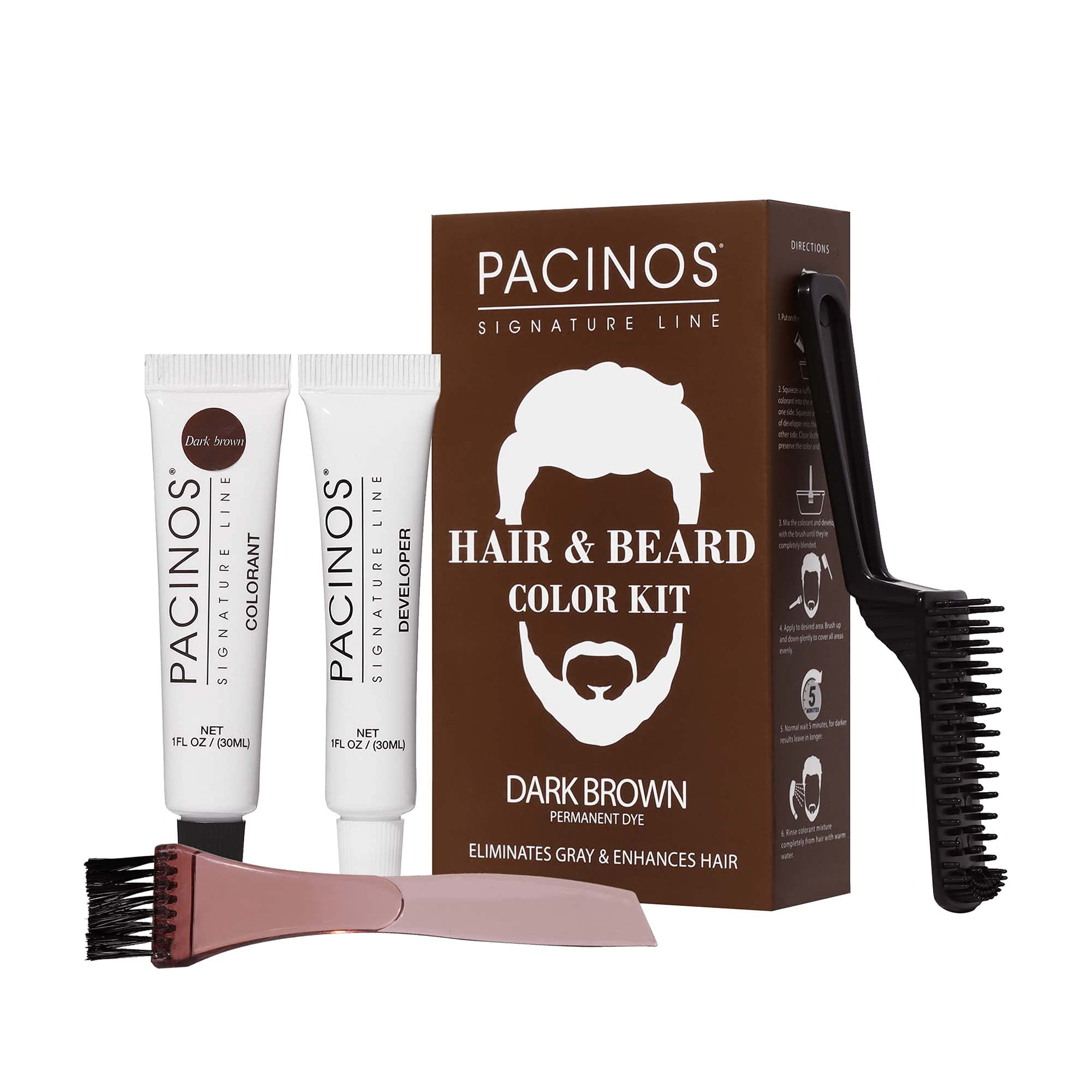 Pacinos Hair & Beard Color Kit Dark Brown box for quick gray coverage