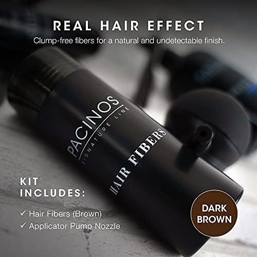 Pacinos Hair Fiber Kit bald spot concealment closeup shows clump-free fibers.