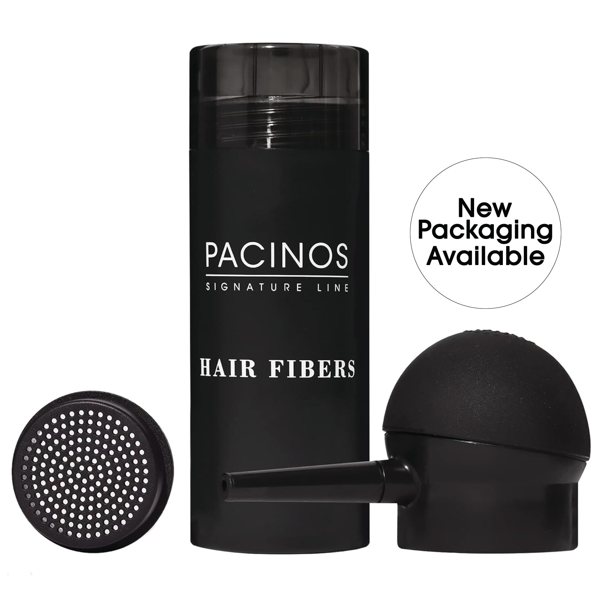 Pacinos Hair Fiber Kit before after display shows dramatic yet natural improvement.