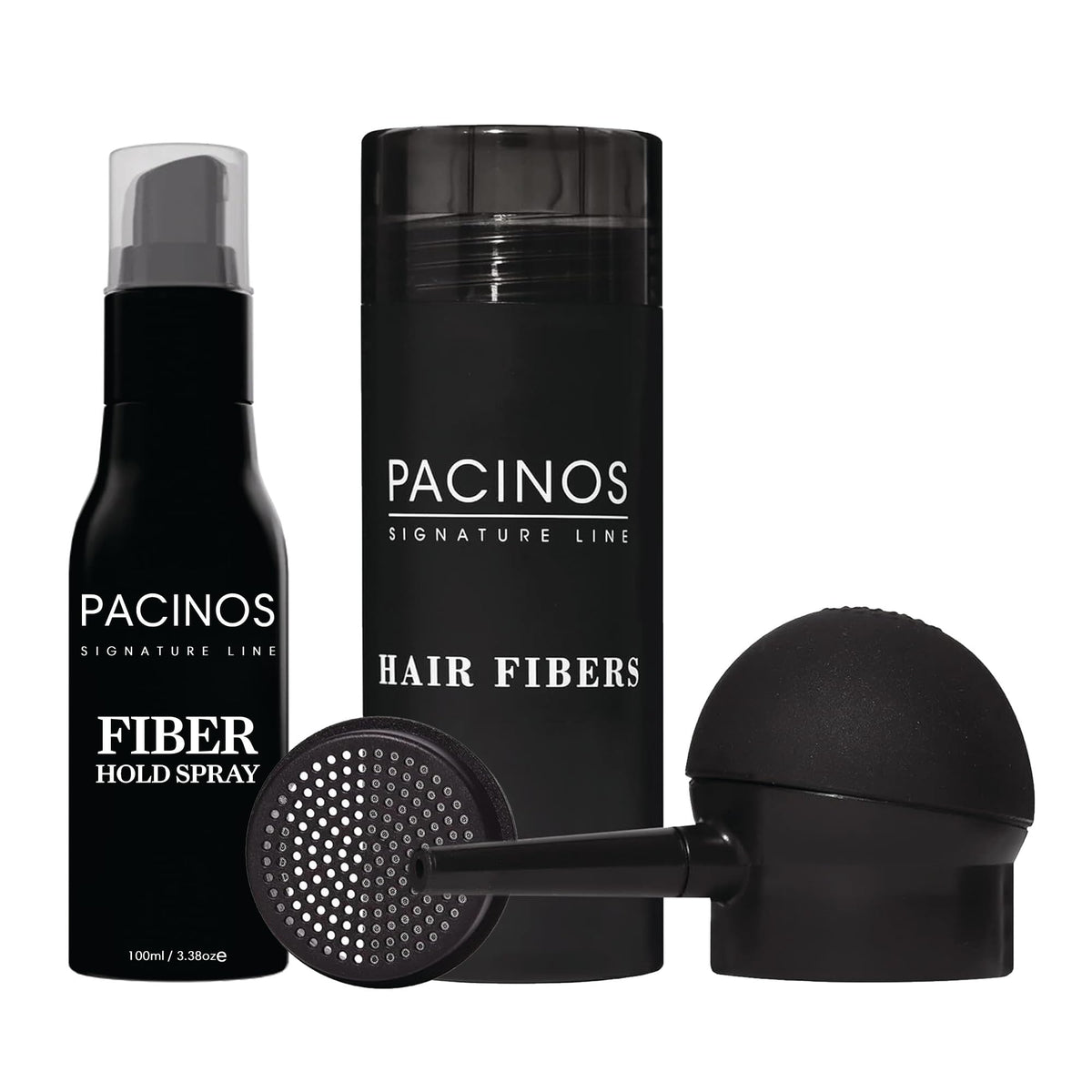 Pacinos Hair Fiber Kit packaging demonstrates easy setup for instant coverage.