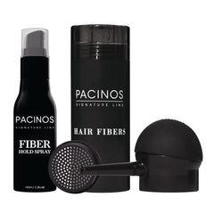 Pacinos Hair Fiber Kit packaging demonstrates easy setup for instant coverage.