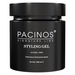 Pacinos hair gel bottle 16oz for versatile all-day hold.