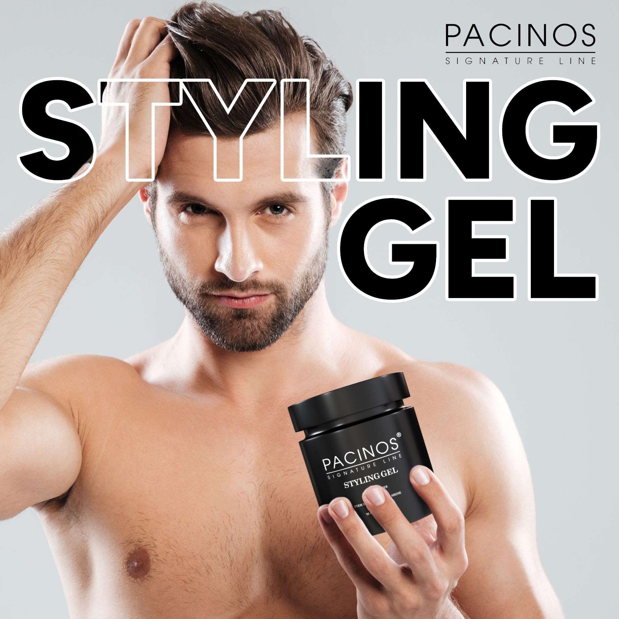 Pacinos hair gel hand-dispense close-up showing easy application.