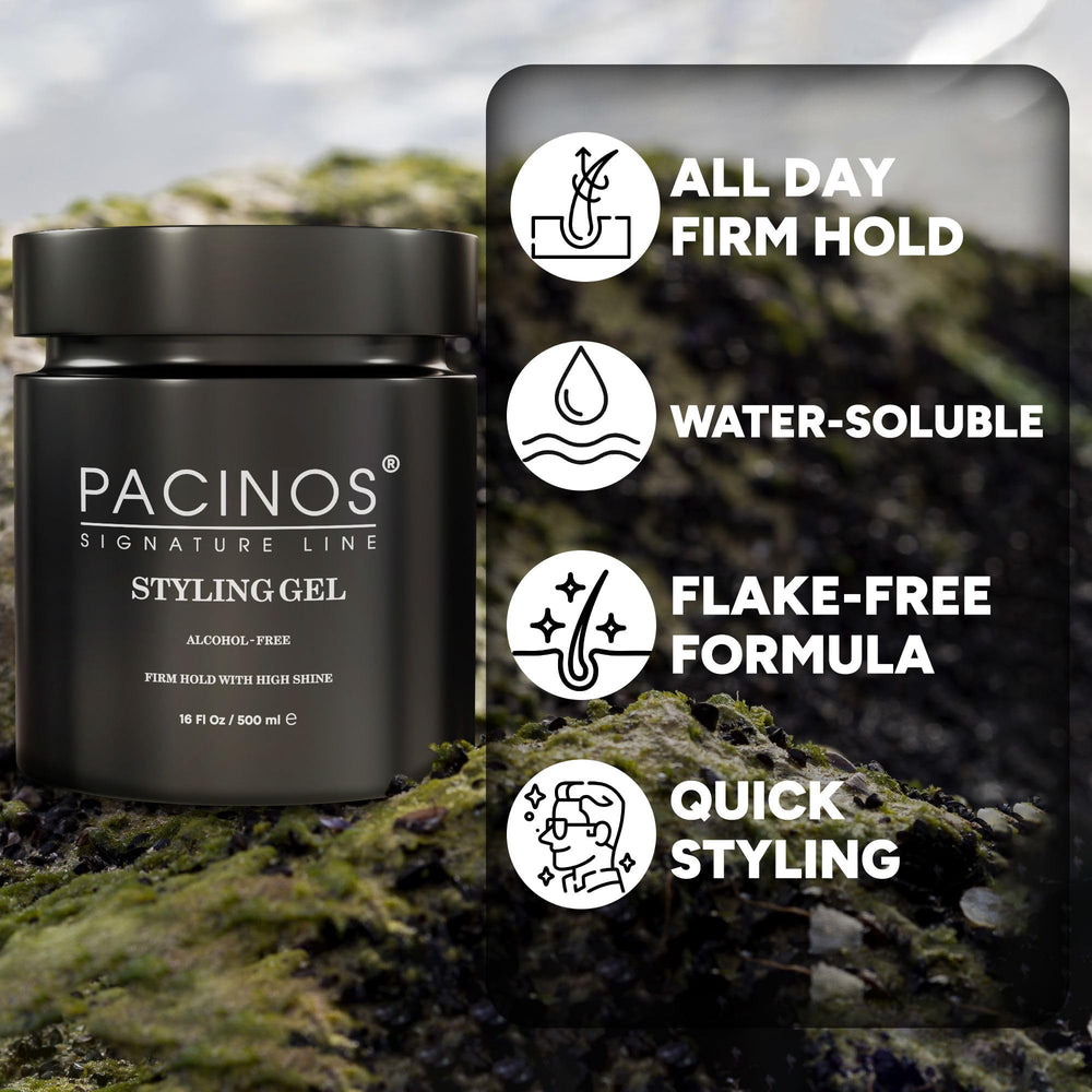Pacinos hair gel no-flakes formula on clean, sleek hair.