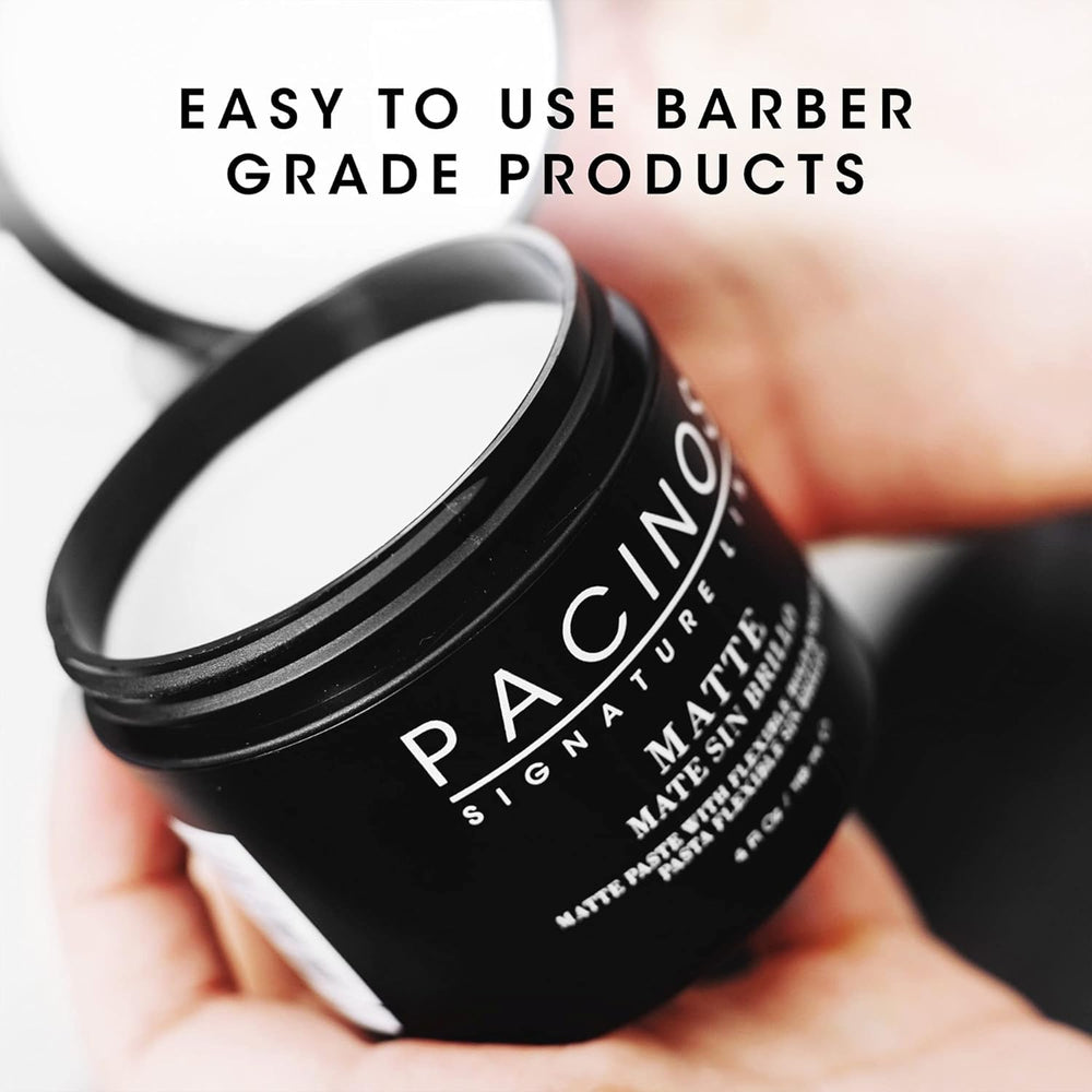 4 oz Pacinos Matte Hair Paste jar ready for secure travel and daily use
