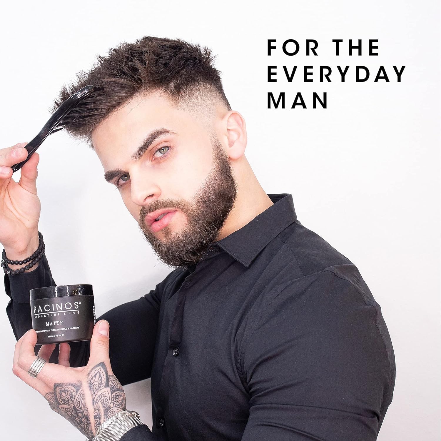 Pacinos Matte Hair Paste used on straight, wavy, and curly hair types