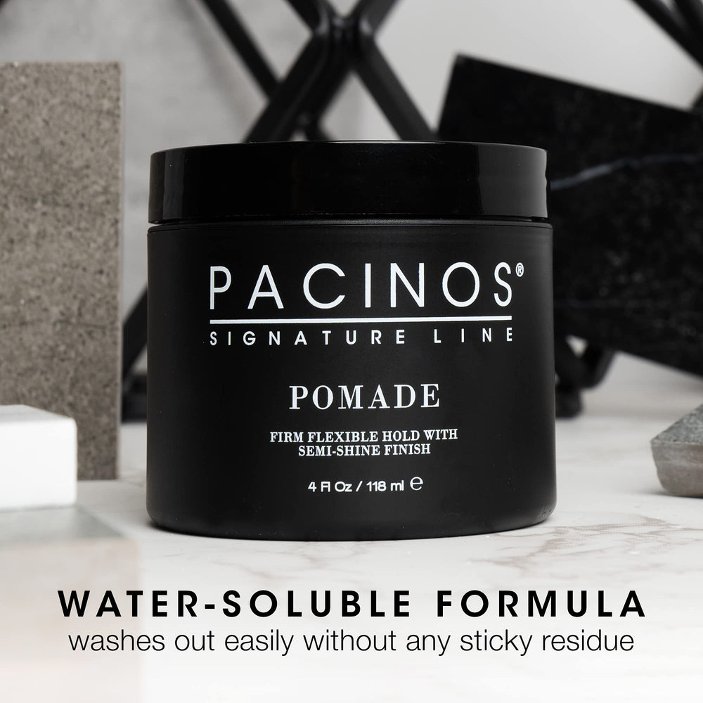 Pacinos Pomade applied to damp or dry hair for salon-like results.
