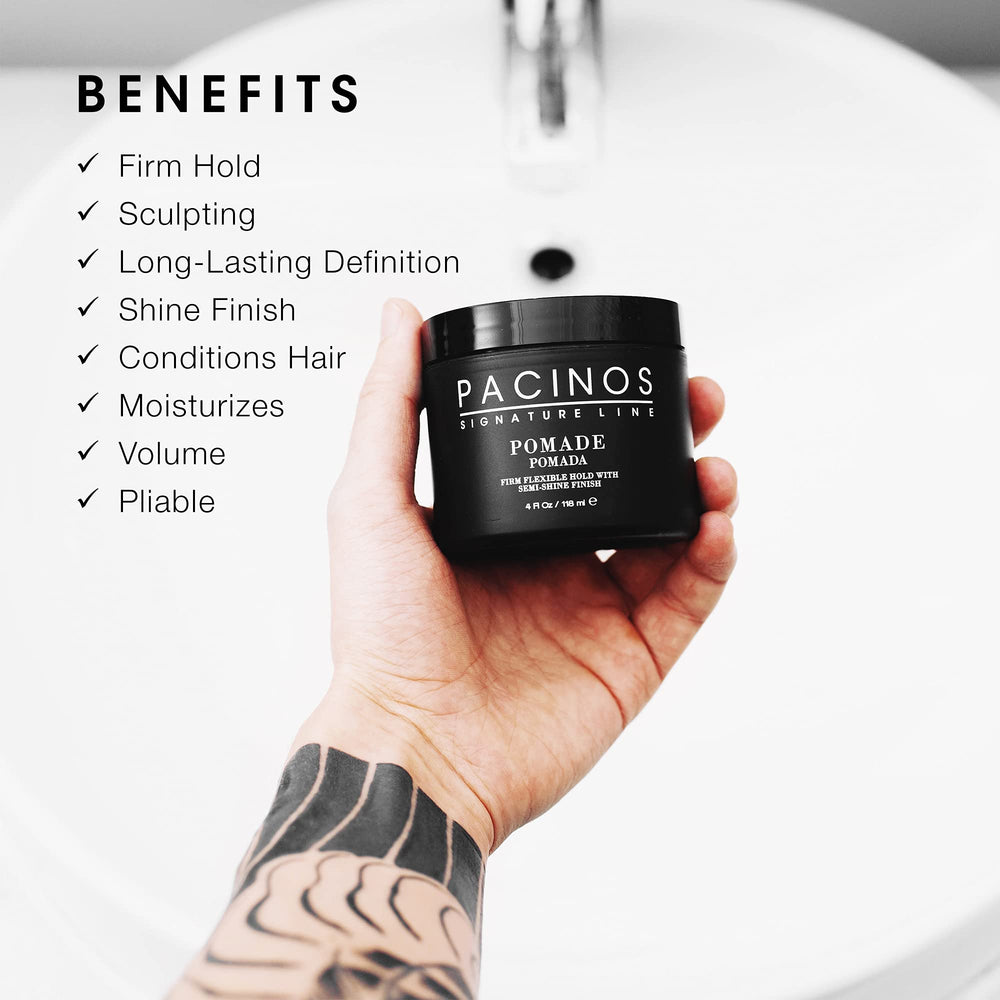 Pacinos Pomade high shine finish on hair for polished, sophisticated look.