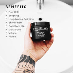 Pacinos Pomade high shine finish on hair for polished, sophisticated look.