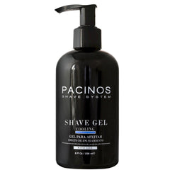 Pacinos shave gel bottle front with clear cooling gel for a smooth shave.