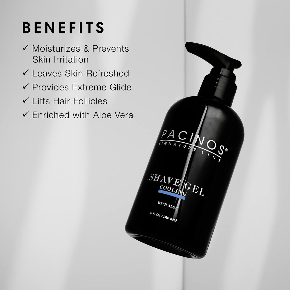 Pacinos shave gel bottle side view emphasizing transparent formula and precise beard shaping.