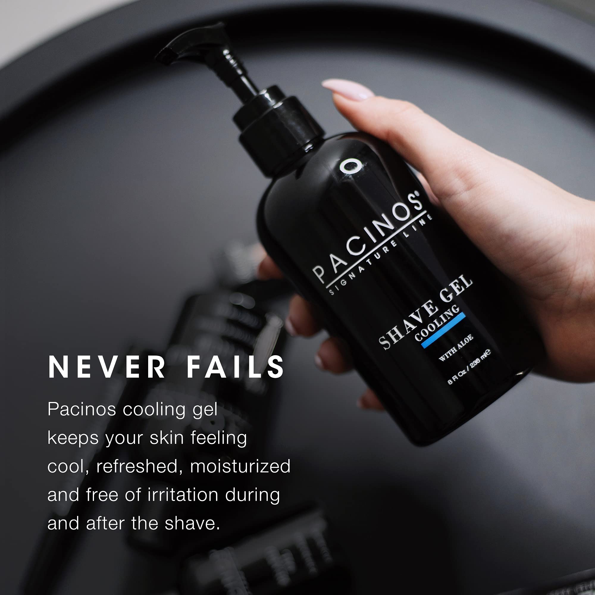 Pacinos shave gel ingredients label close-up highlighting aloe for soothing comfort.