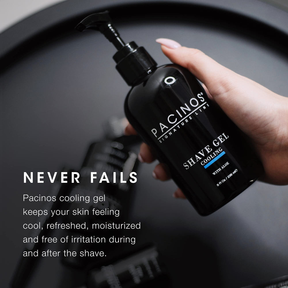 Pacinos shave gel ingredients label close-up highlighting aloe for soothing comfort.