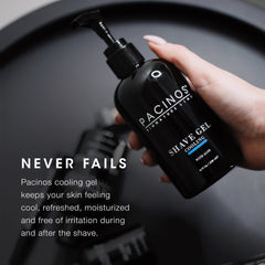 Pacinos shave gel ingredients label close-up highlighting aloe for soothing comfort.