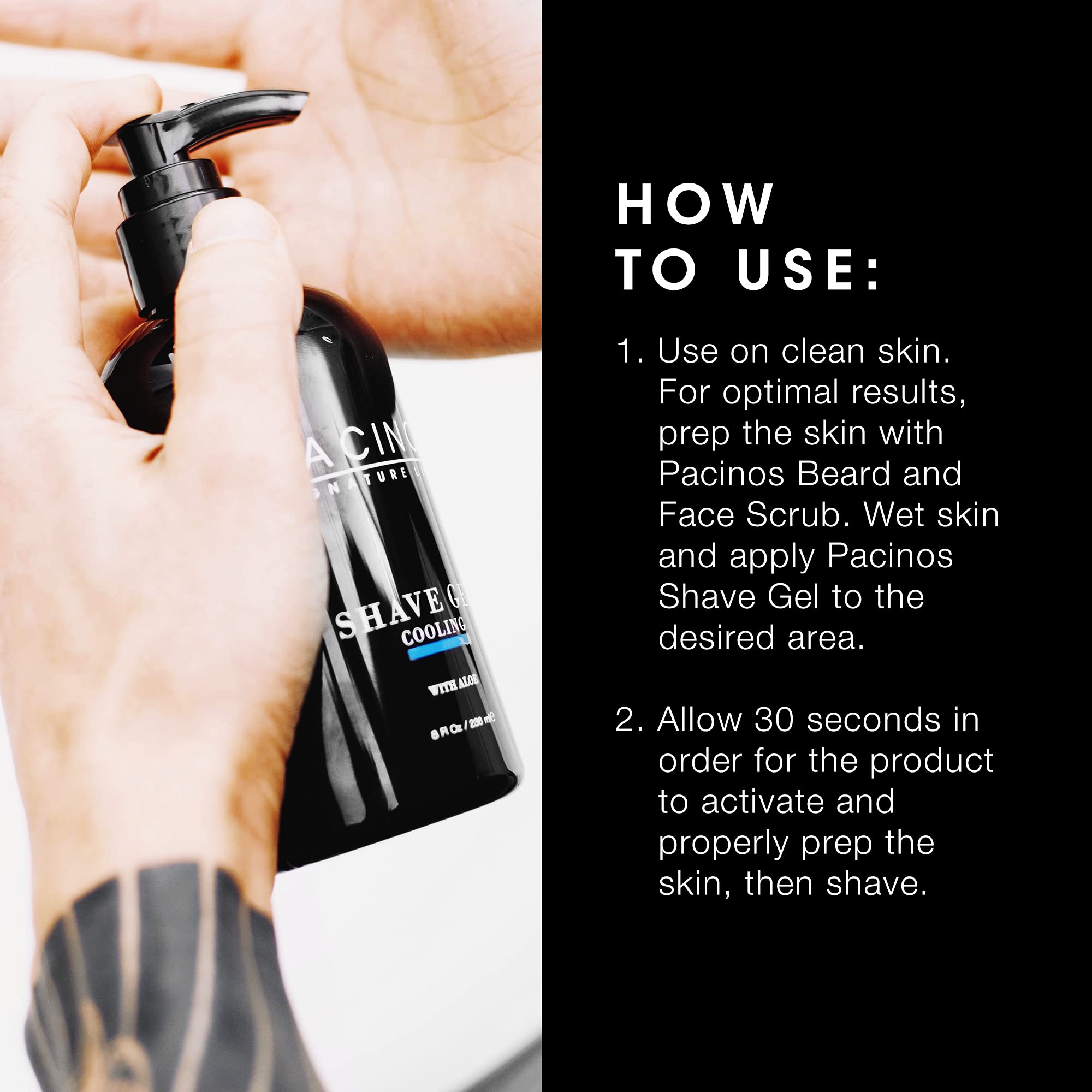 Pacinos shave gel pump top close-up demonstrates easy dispensing and quick lather.