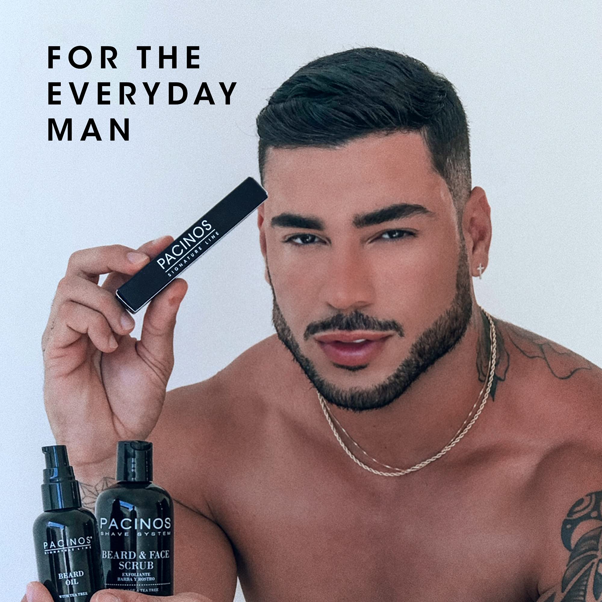 Pacinos shave gel staying clear on skin to show precision razor glide.