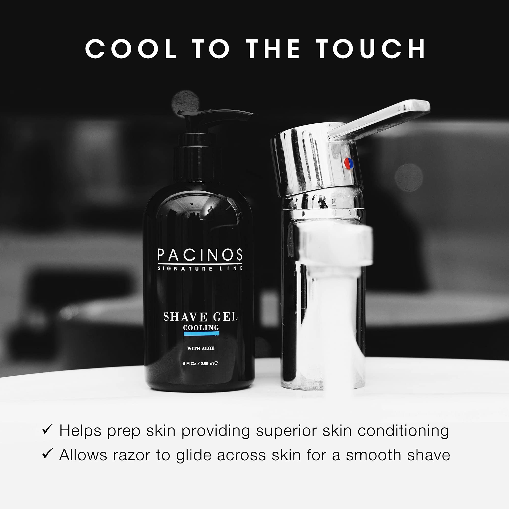 Pacinos shave gel texture close-up showing translucent gel ready for glide.
