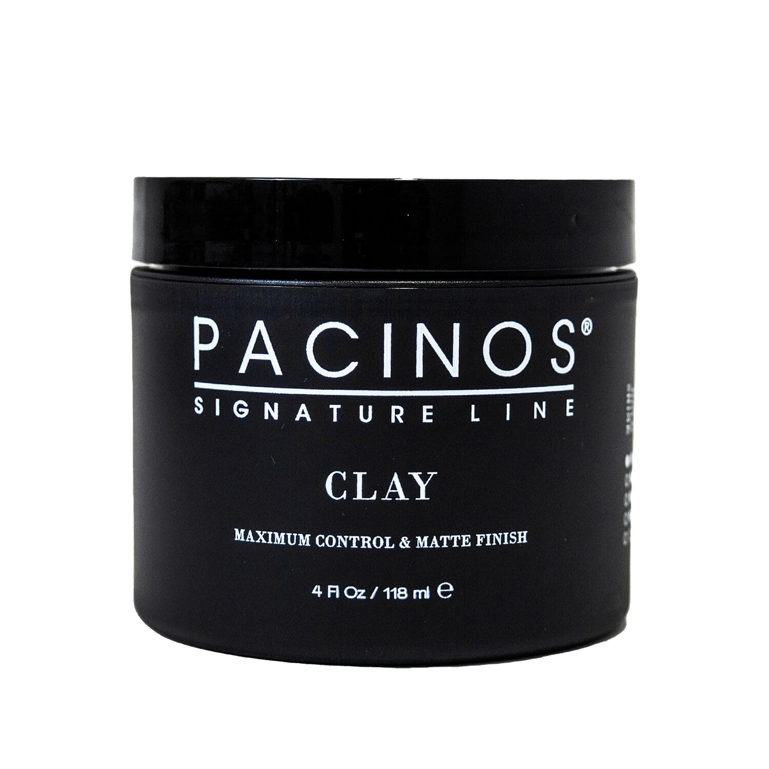 Pacinos Signature Line clay hair paste bottle shows natural matte hold and smooth finish.