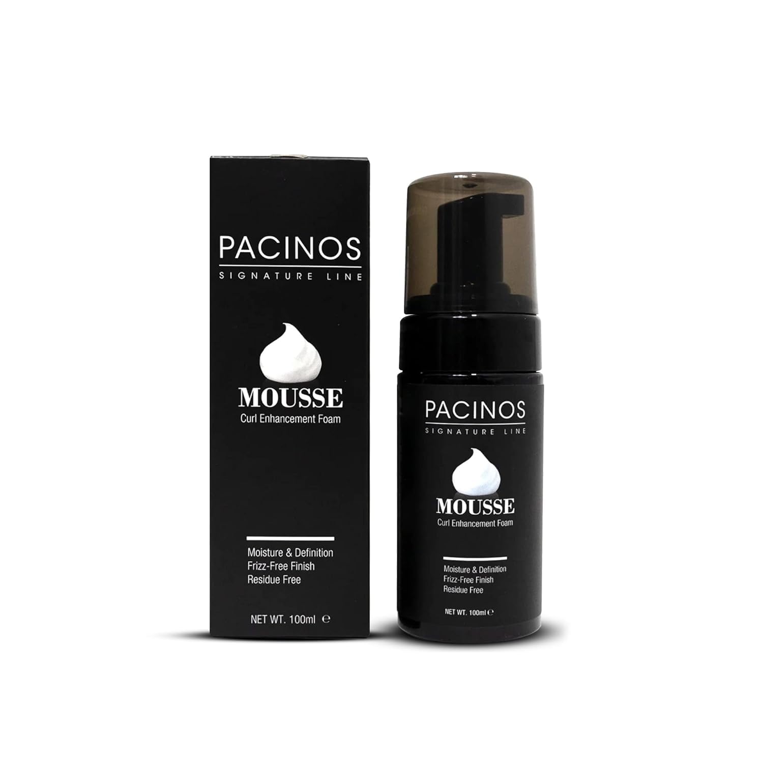 Pacinos Signature Line Curl Enhancing Mousse bottle front shows frizz-control formula for defined curls