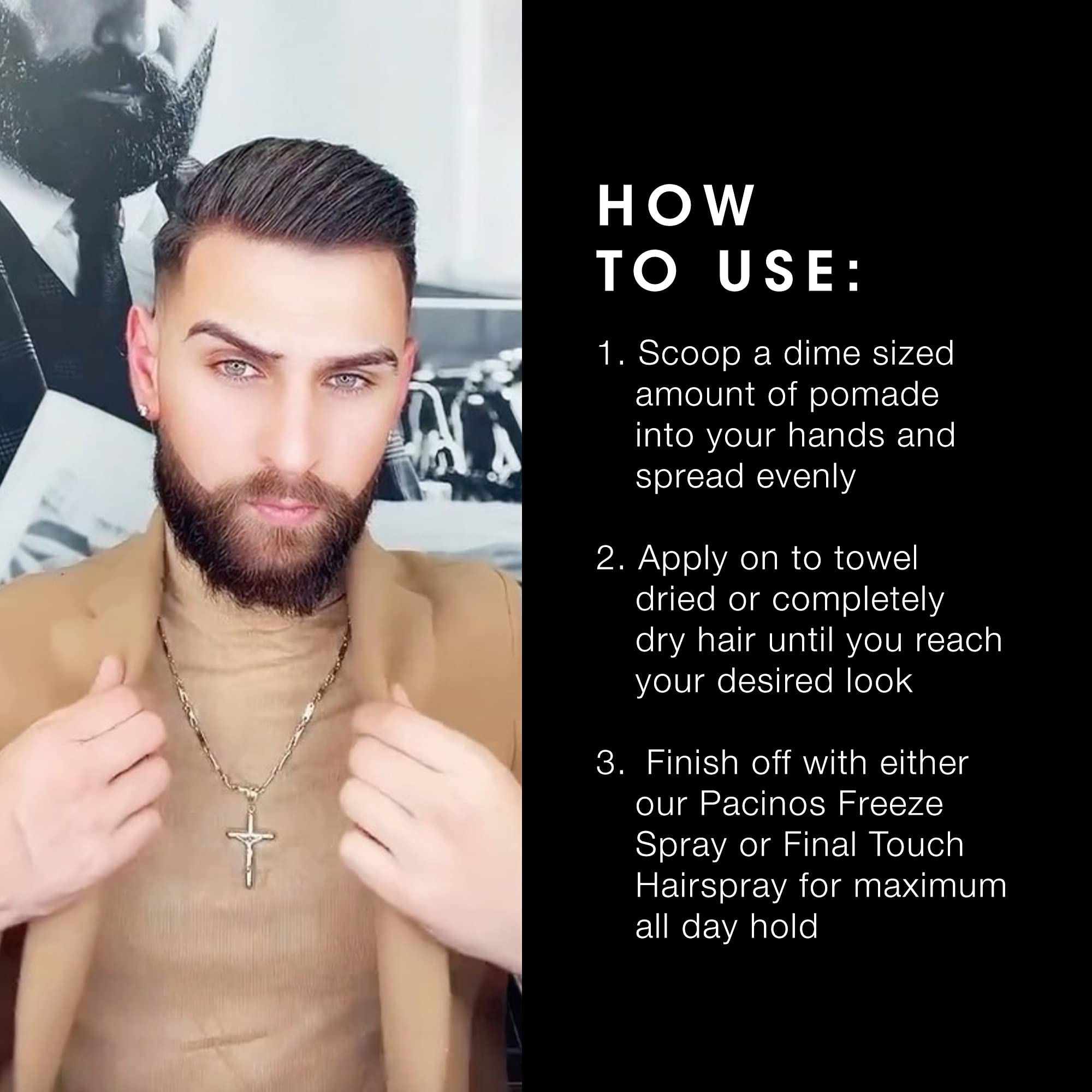 Dispensing Pacinos Sleek pomade for wet-look styling versatility.