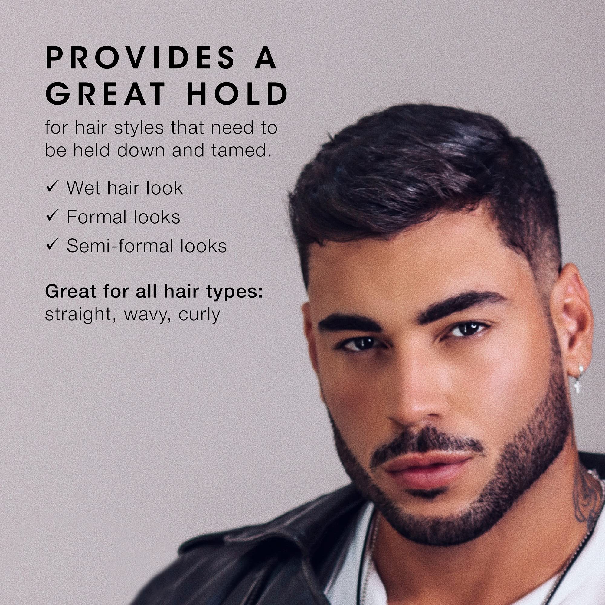 Pacinos Sleek pomade on styled hair ready for lasting shine.