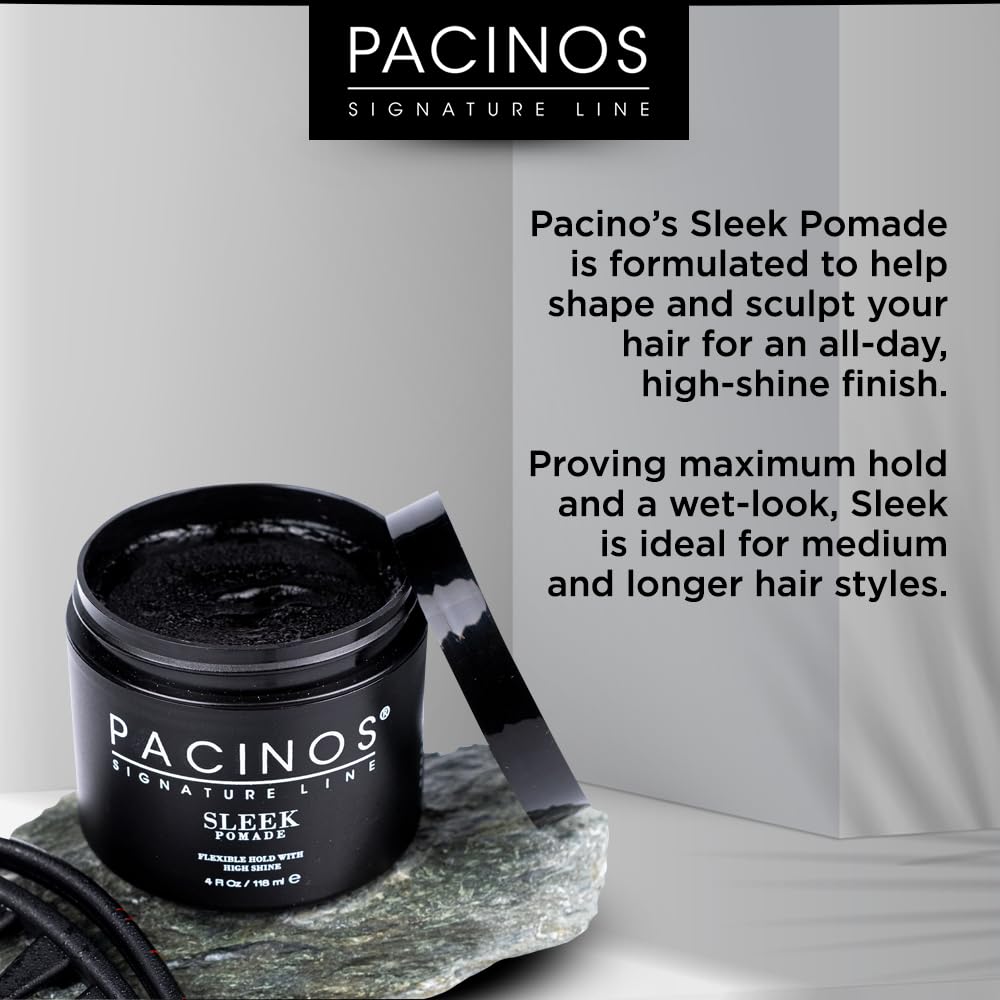 Pacinos SLEEK pomade hands applying on hair for sleek, flexible styling.