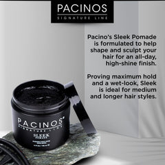 Pacinos SLEEK pomade hands applying on hair for sleek, flexible styling.