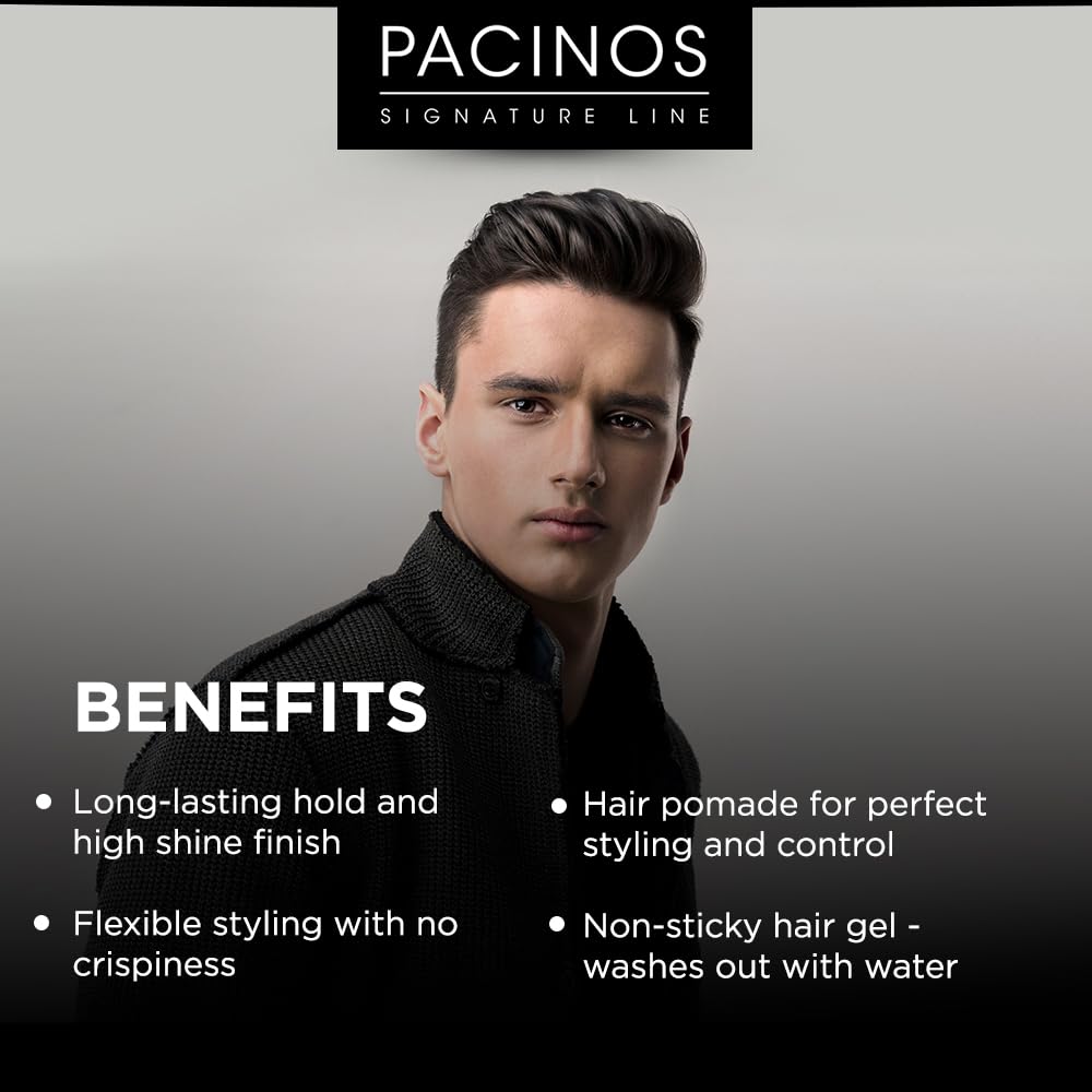 Pacinos SLEEK high-shine jar close-up showing wet-look finish with all-day control.