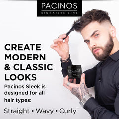 Pacinos SLEEK styling-hair image shows smooth, non-crispy finish for medium to longer locks.