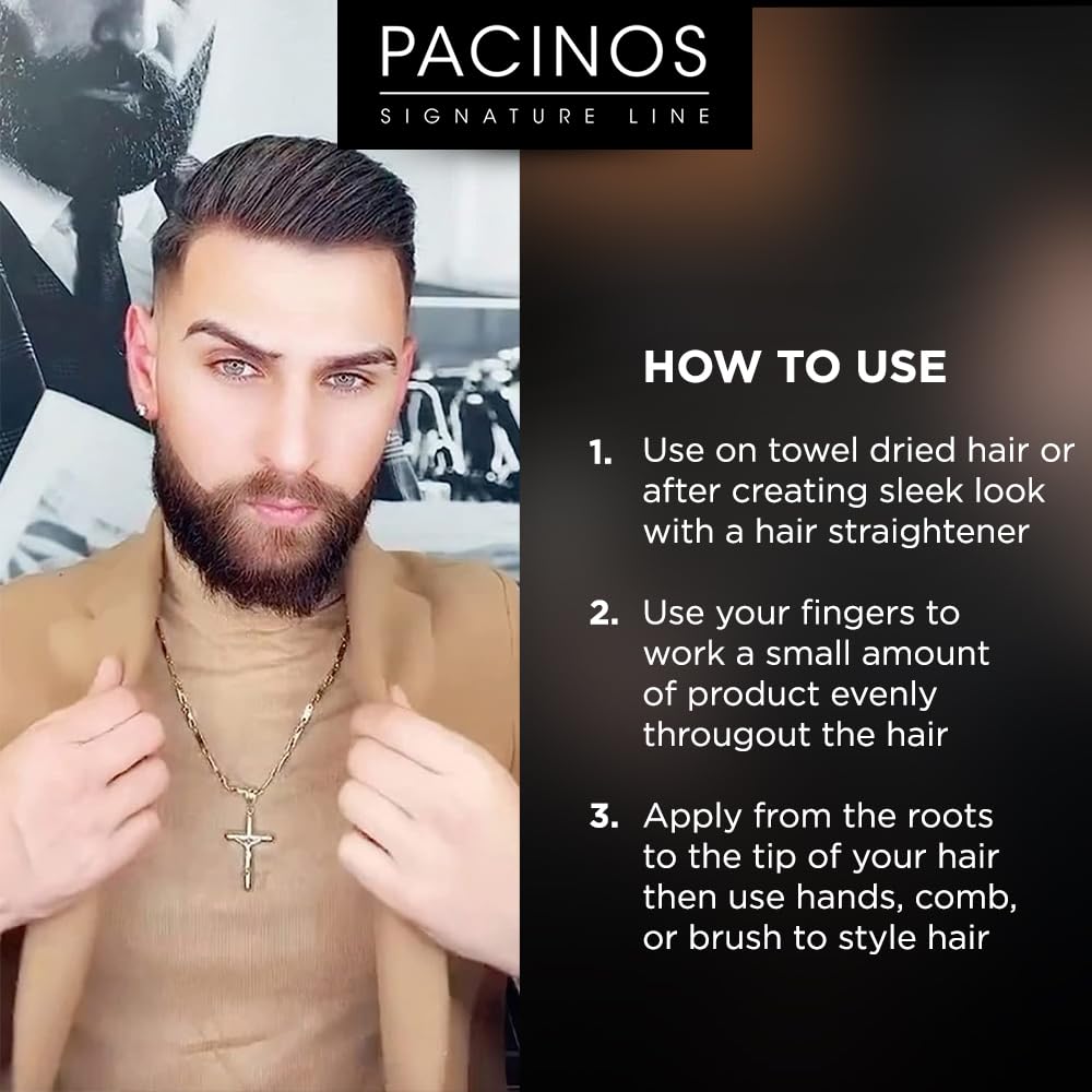 Pacinos SLEEK wet-look hair image highlights high shine and all-day hold.
