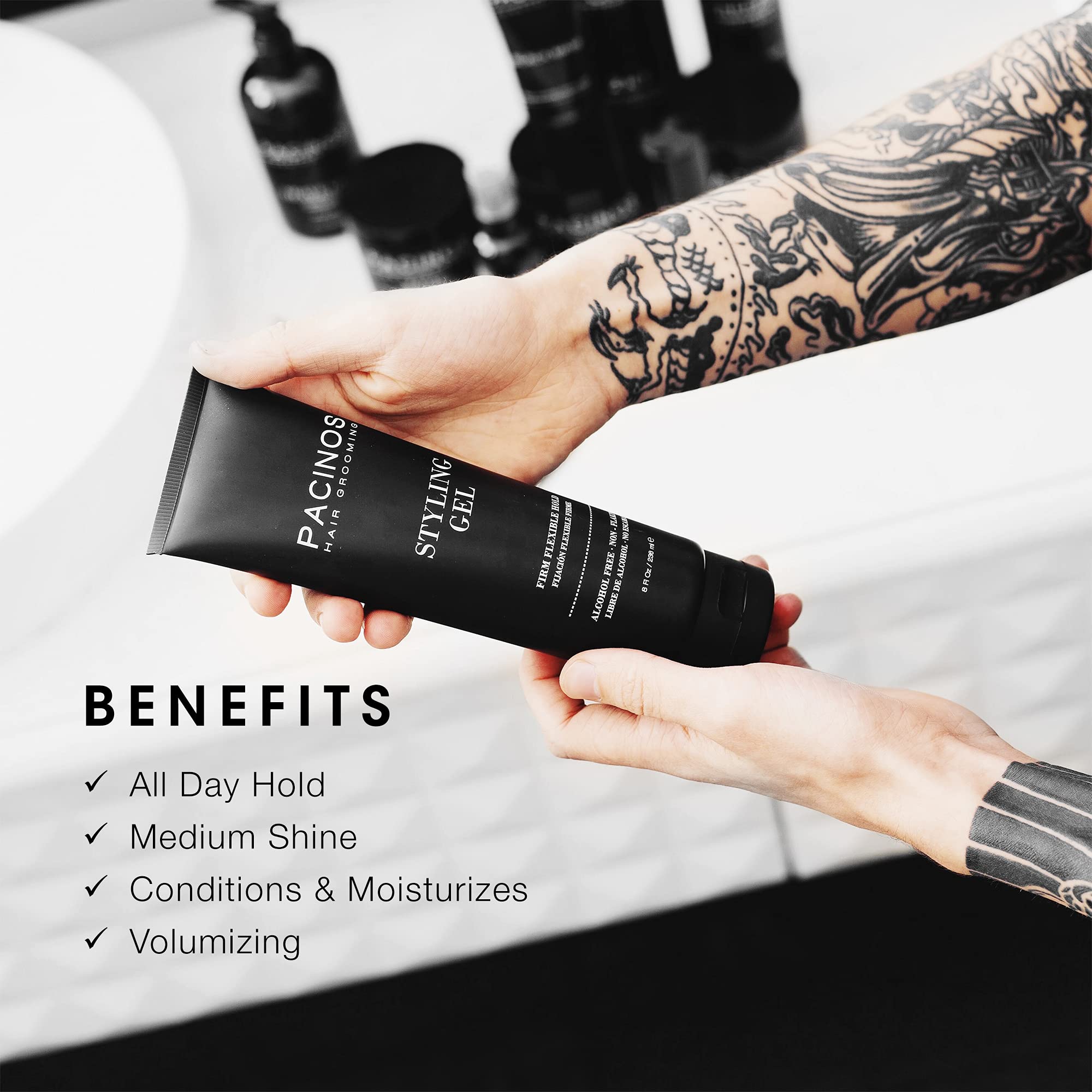 Pacinos Styling Gel dispenser in hand enables quick, even application.