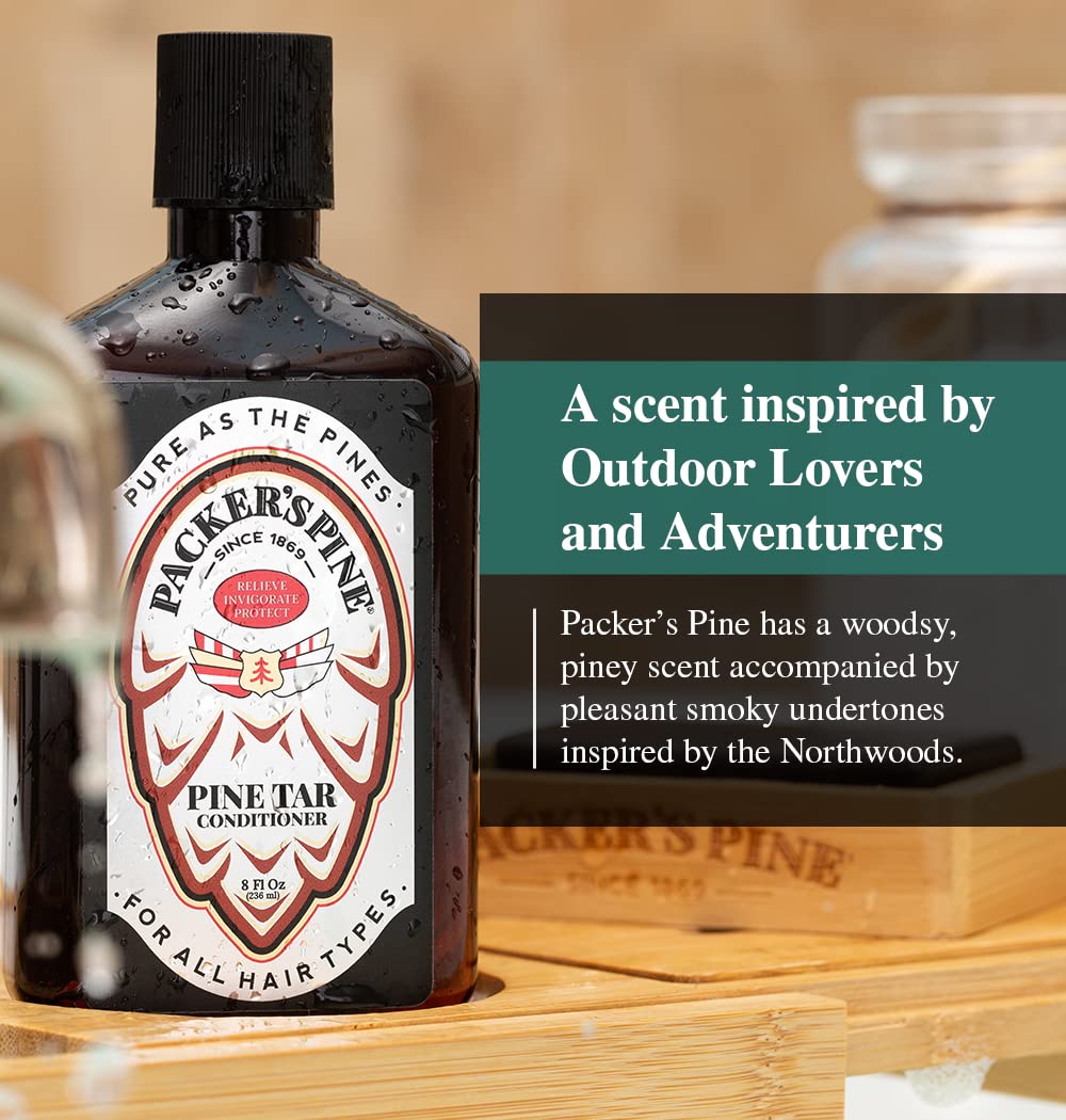 Packer's Pine Tar hair care routine collage emphasizes pairing shampoo and conditioner
