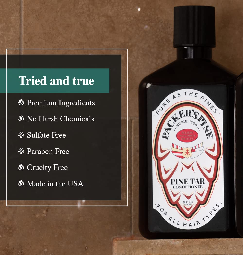 Packer's Pine Tar outdoor shower scene conveys rugged, adventure-ready hair care