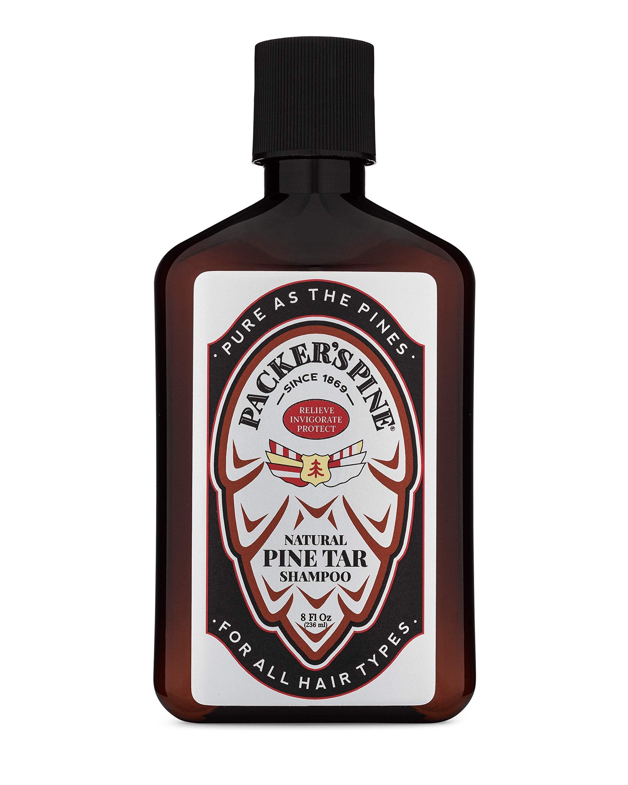 Packer's Pine Tar Shampoo bottle front showing rugged pine scent for soothing scalp care.