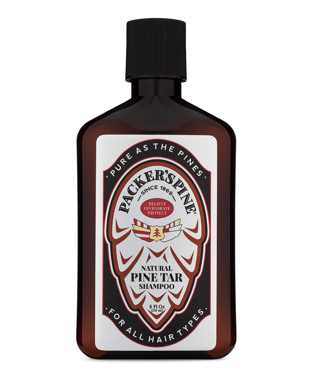 Packer's Pine Tar Shampoo bottle front showing rugged pine scent for soothing scalp care.