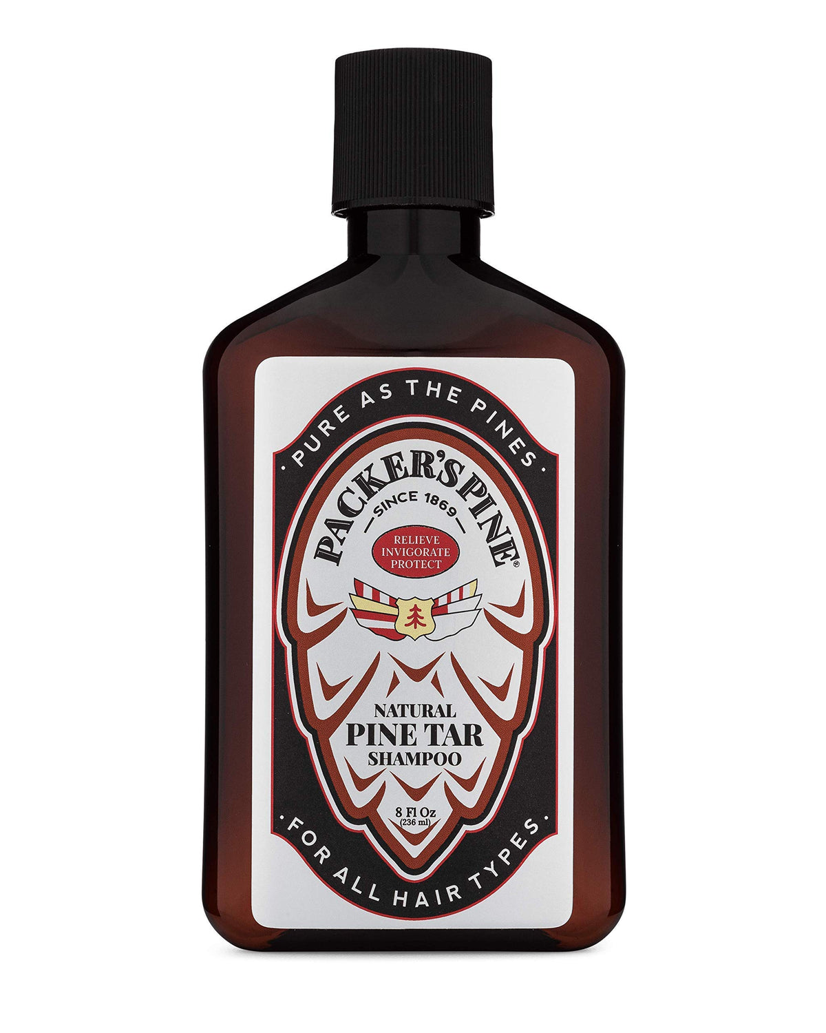 Packer's Pine Tar Shampoo bottle front showing rugged pine scent for soothing scalp care.