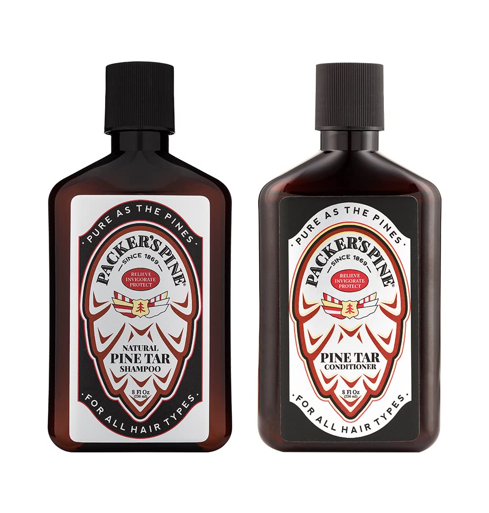 Packer's Pine Tar Shampoo bottle shows natural pine tar for a deep cleanse and smoother hair