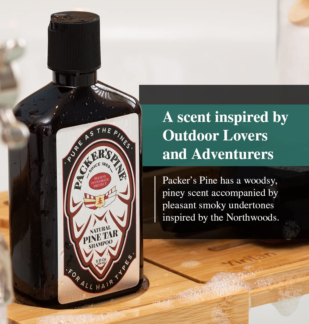 Packer's Pine Tar Shampoo mountain scene evokes rugged outdoors and fresh start for hair.