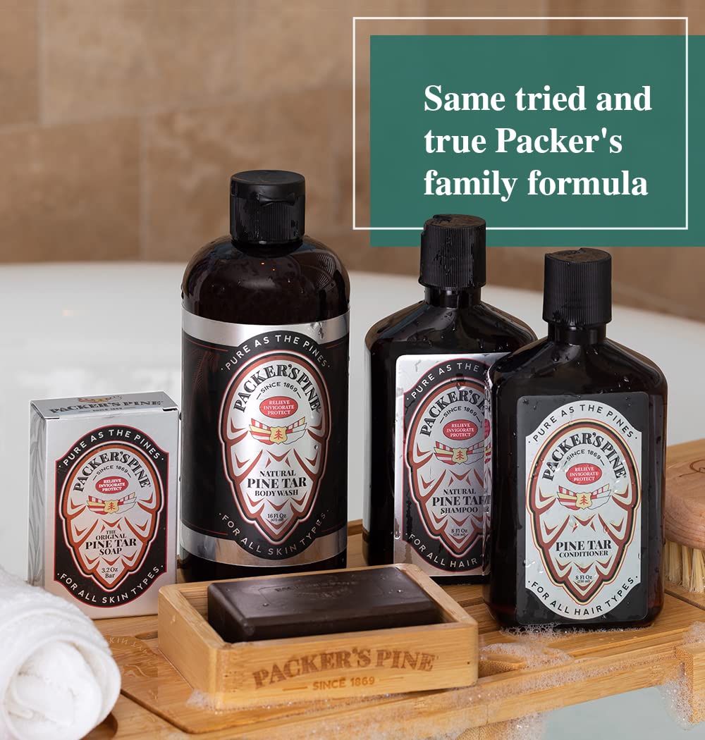 Packer's Pine Tar Shampoo user routine image suggesting daily cleanse and calming shower ritual.