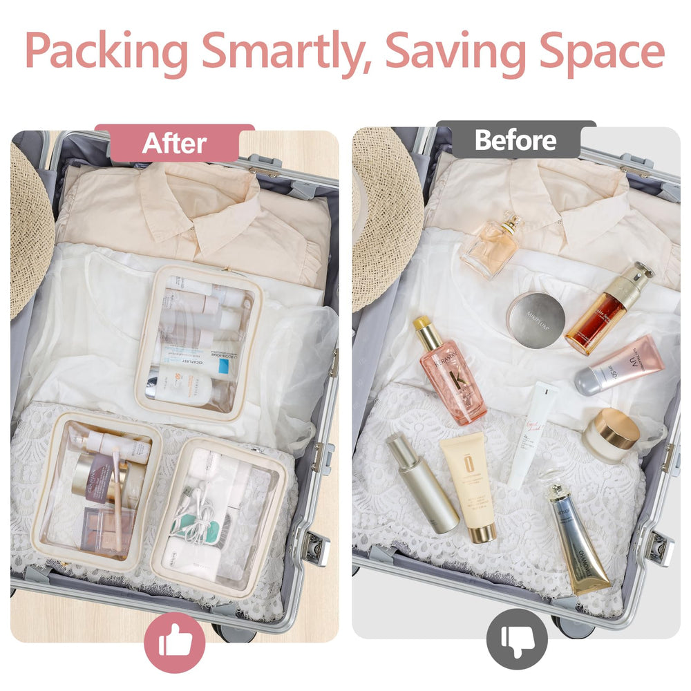 PACKISM Clear Makeup Bag 3 Medium in beige with color-edged edges for easy security checks.