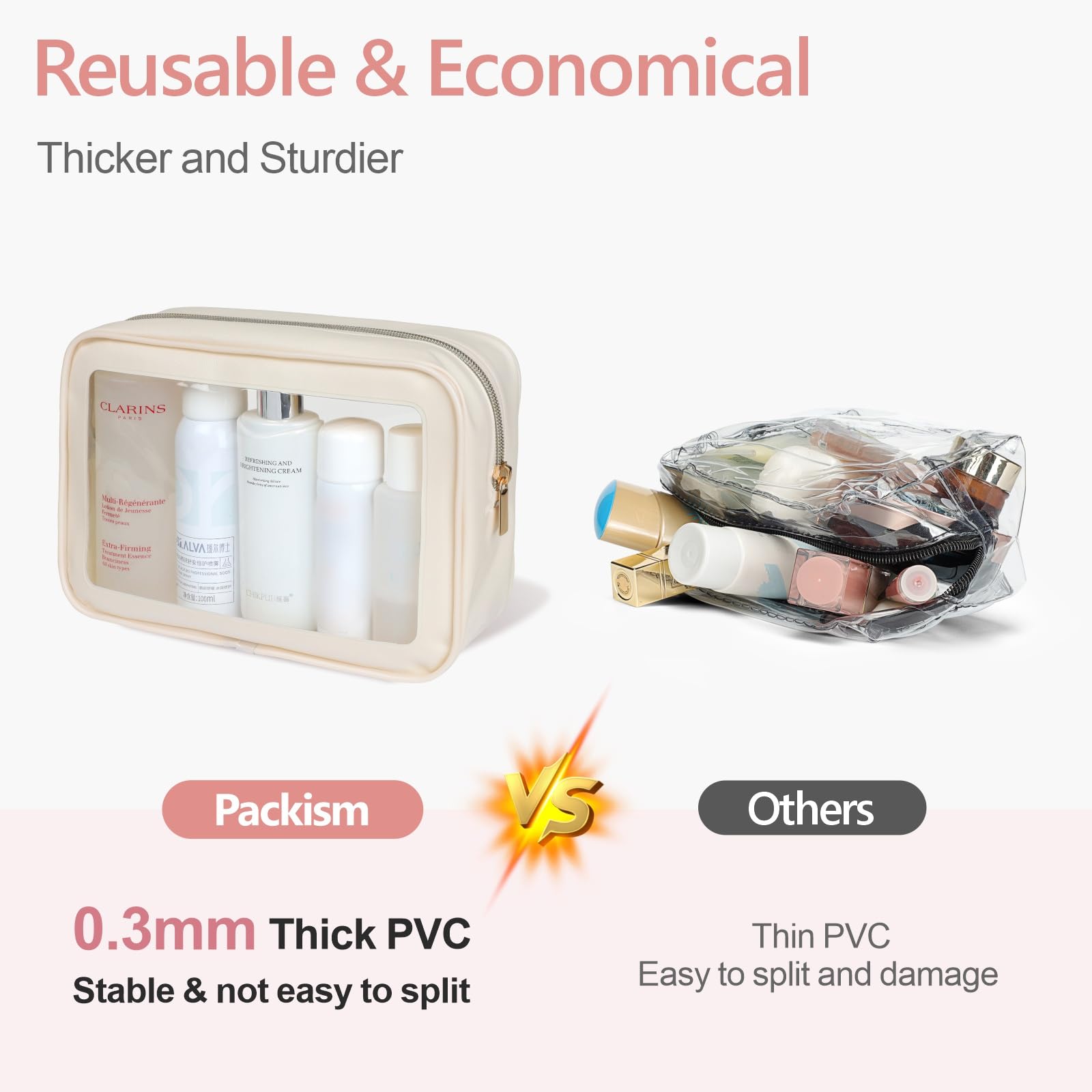 PACKISM Clear Makeup Bag 3 Medium close-up includes deodorizing bag for odor control.