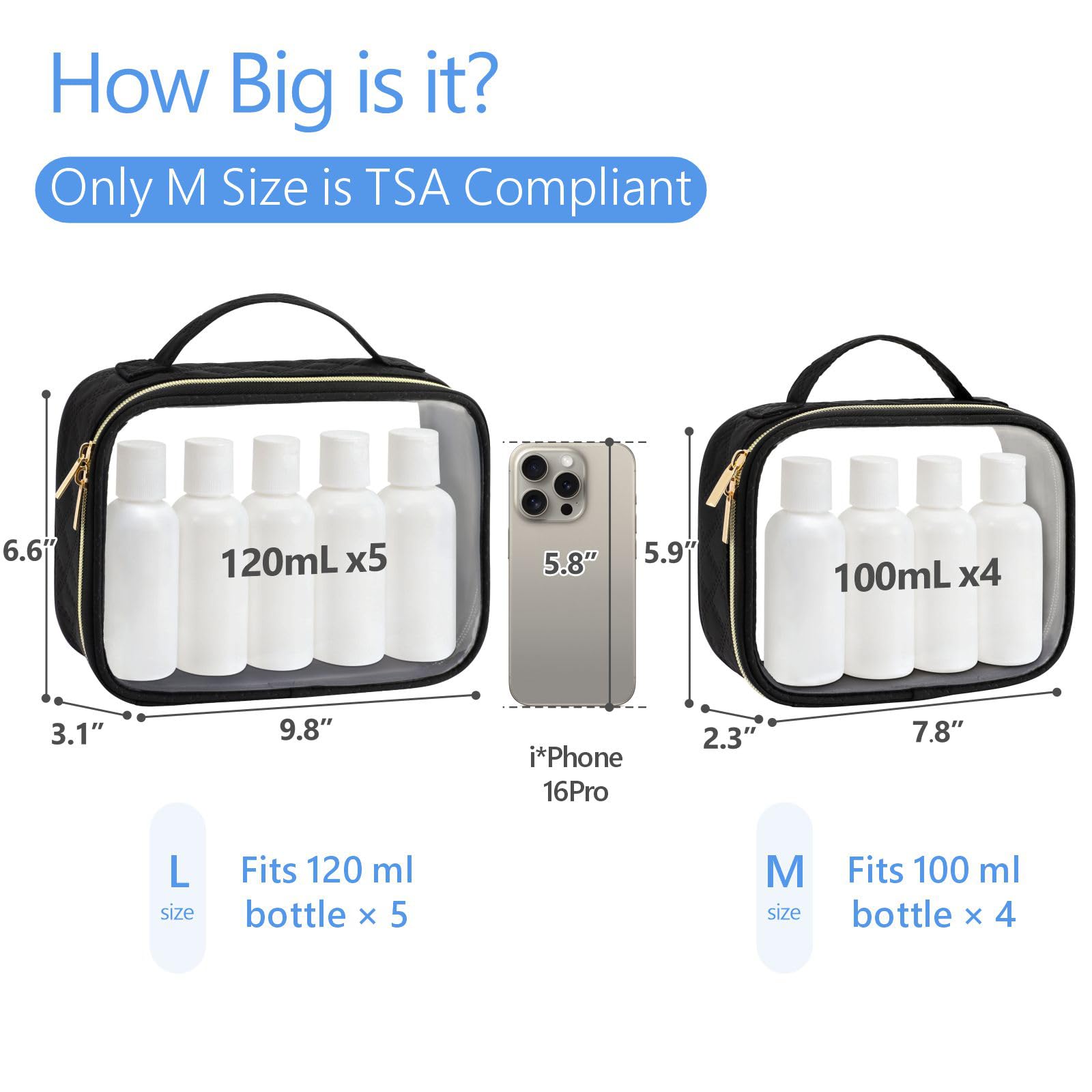 PACKISM clear makeup bag medium dimensions demonstrate TSA-friendly size for quick security