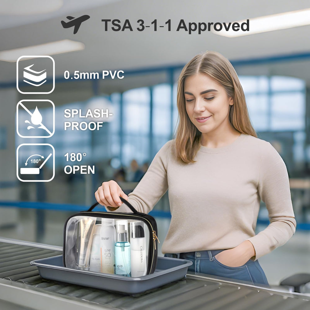 PACKISM medium clear toiletry bag fits four 3.4 oz bottles for TSA-friendly travel.