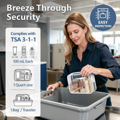 PACKISM TSA-approved clear toiletry bag side view with top opening for easy access