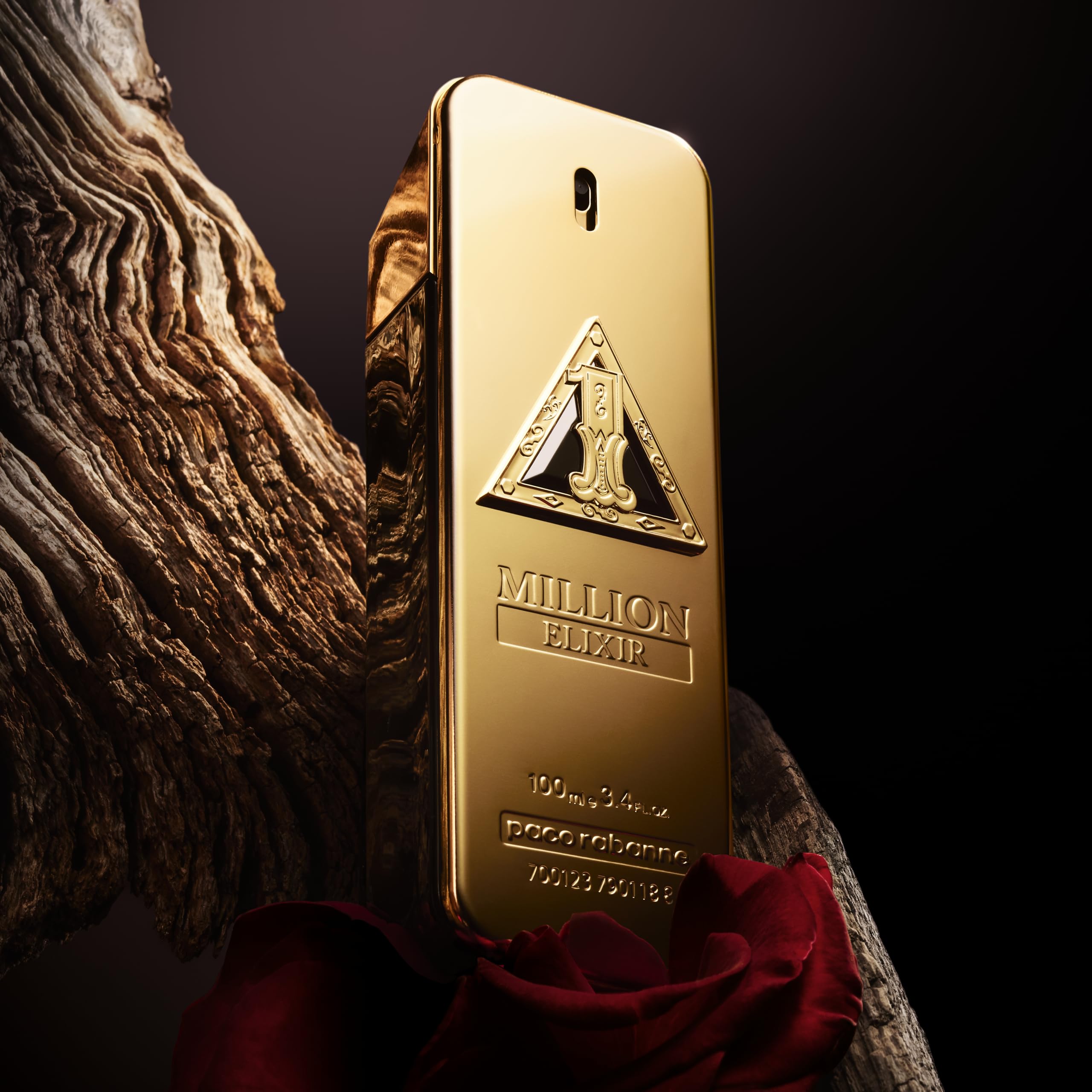 Paco Rabanne 1 Million Elixir bottle with gold accents conveys luxurious fragrance presence.